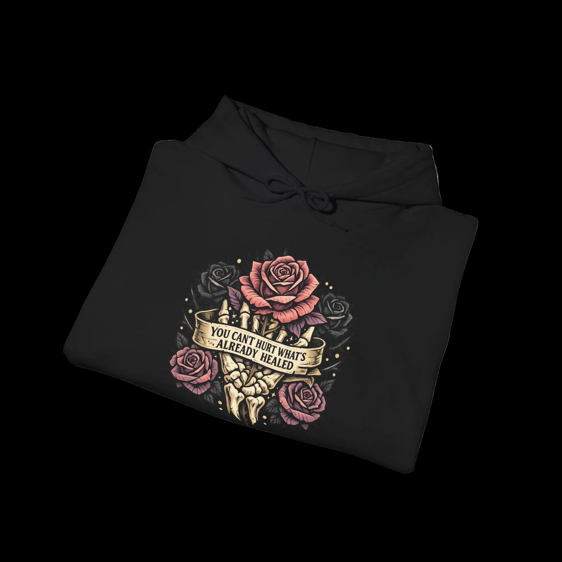 Black hoodie with rose design and text on a white background