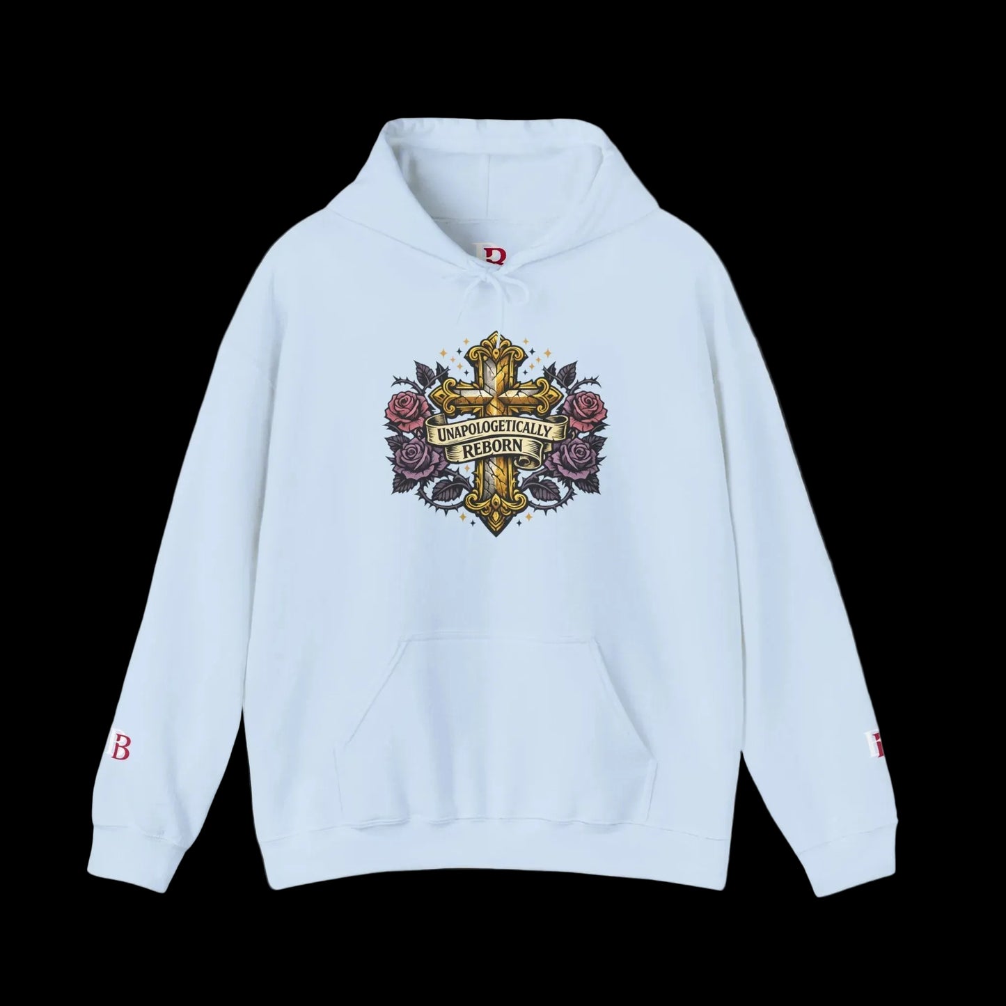 Light blue hoodie with a colorful emblem and roses on a white background