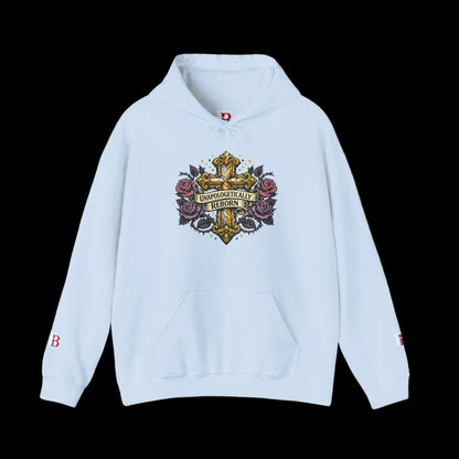 Light blue hoodie with a colorful emblem and roses on a white background