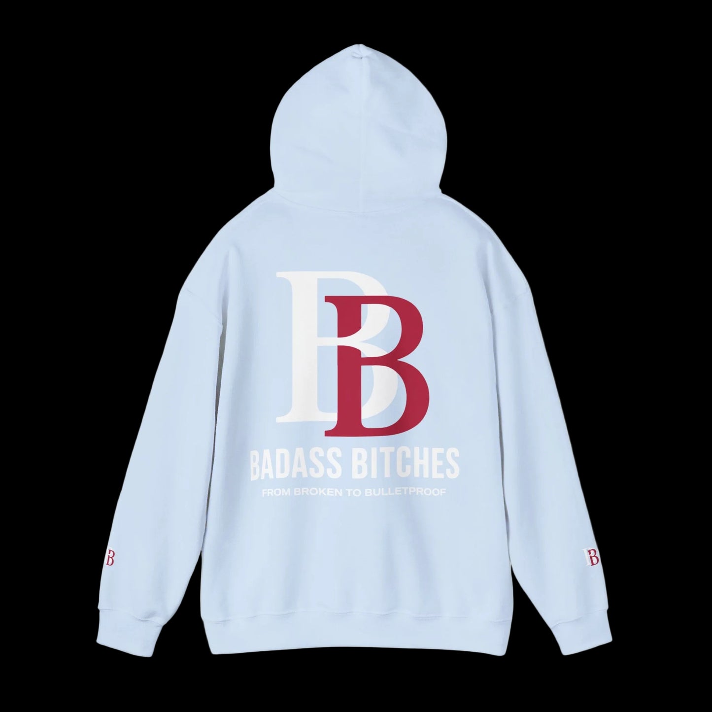 Light blue hoodie with 'BB' logo and text on a white background