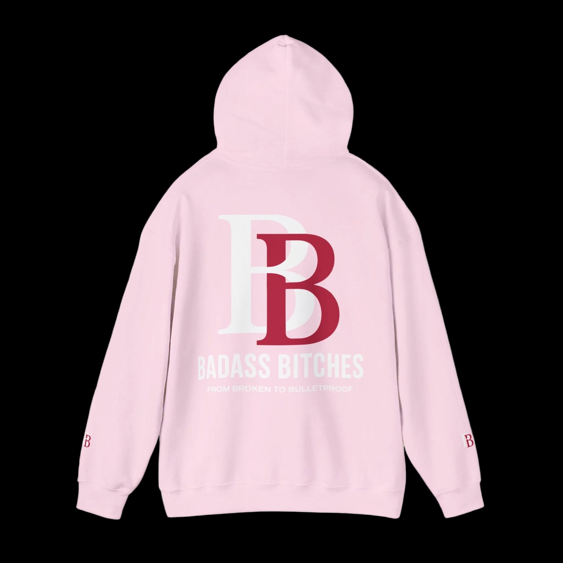 Pink hoodie with 'BB' logo and text on a white background