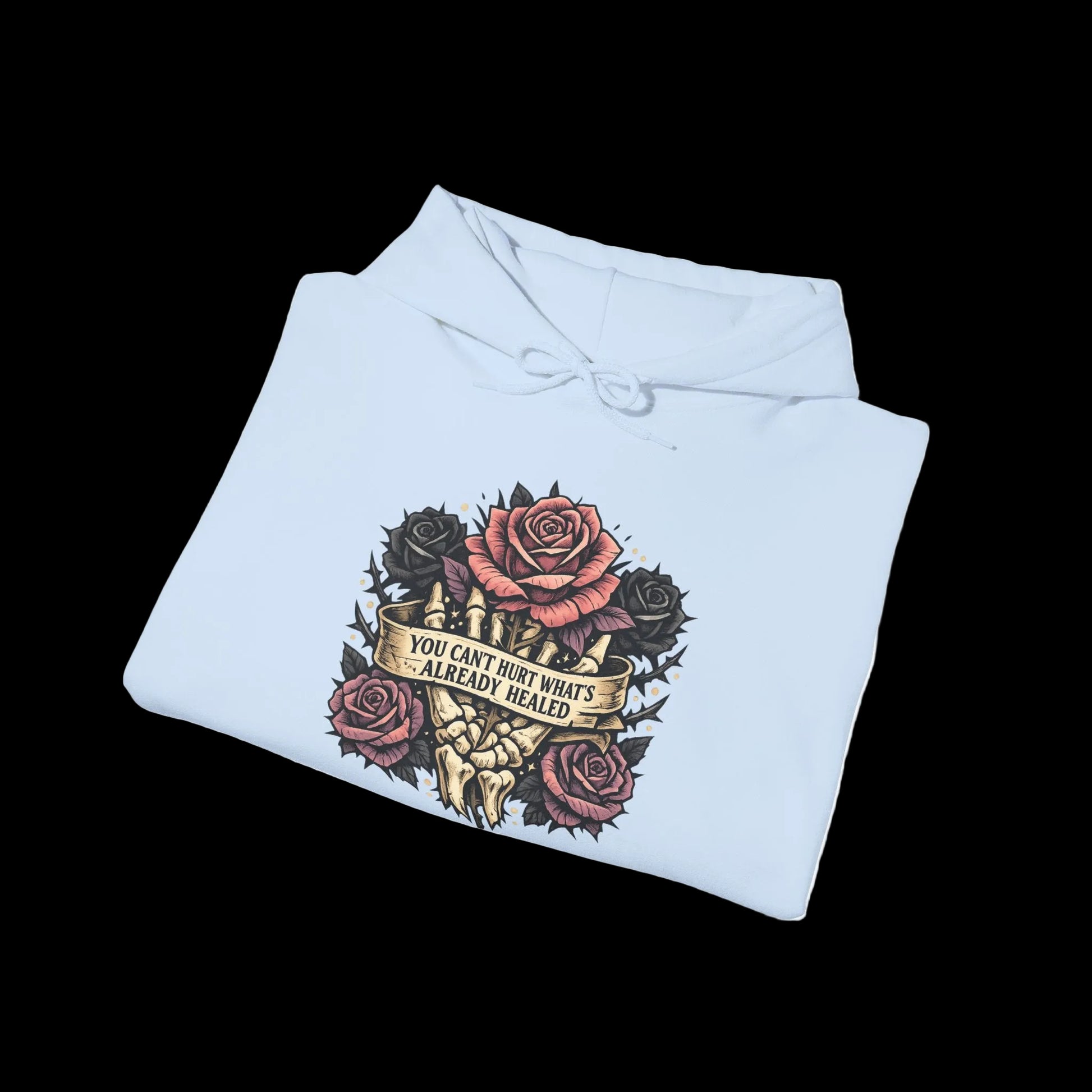 Light blue hoodie with floral design and text on a white background