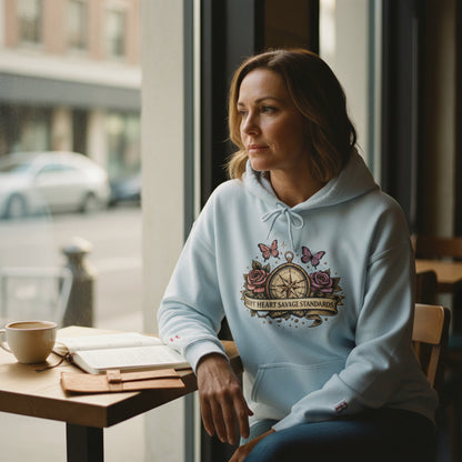 Light blue hoodie with a colorful graphic design on a white background