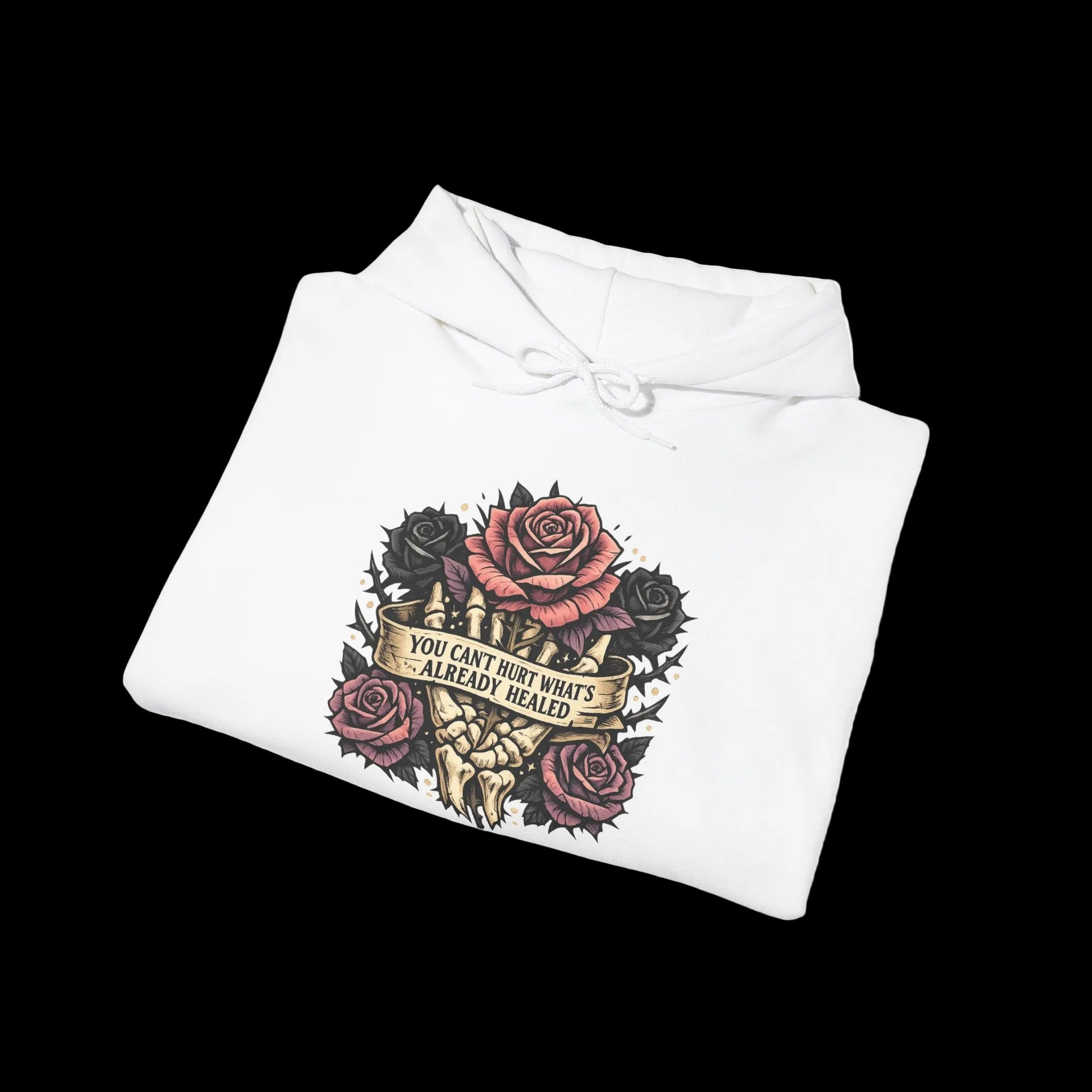 White hoodie with a graphic design of roses and text on a white background