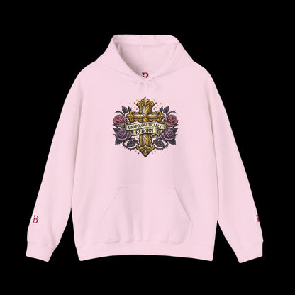 Pink hoodie with skull and roses design on a white background