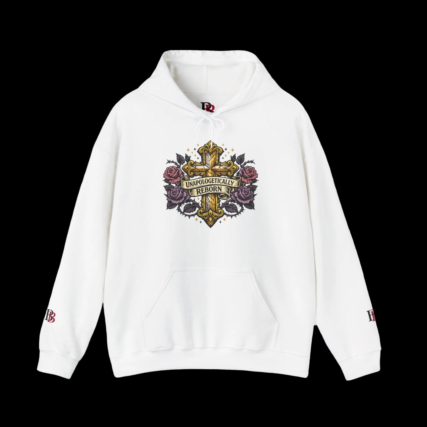 White hoodie with a graphic design on a white background