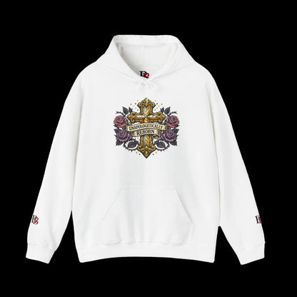 White hoodie with a graphic design on a white background