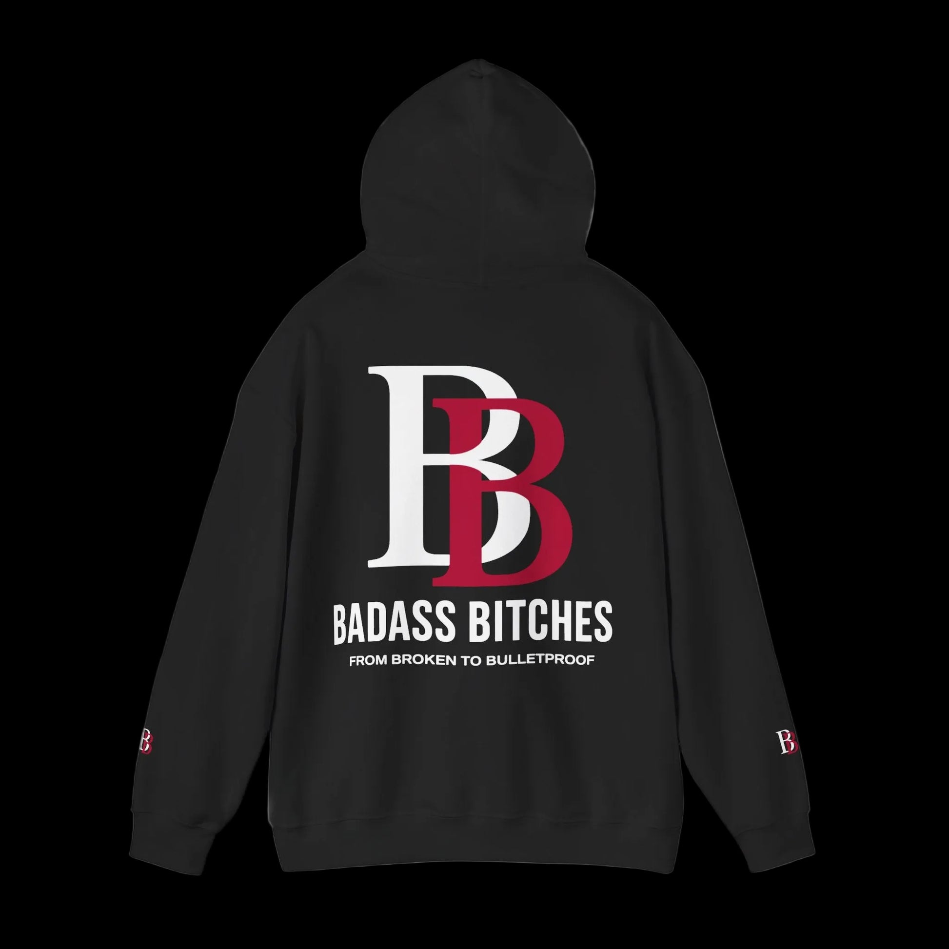 Black hoodie with a logo and text on the back against a white background