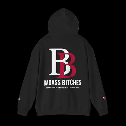 Black hoodie with a logo and text on the back against a white background