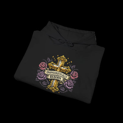 Black hoodie with a graphic design on a white background