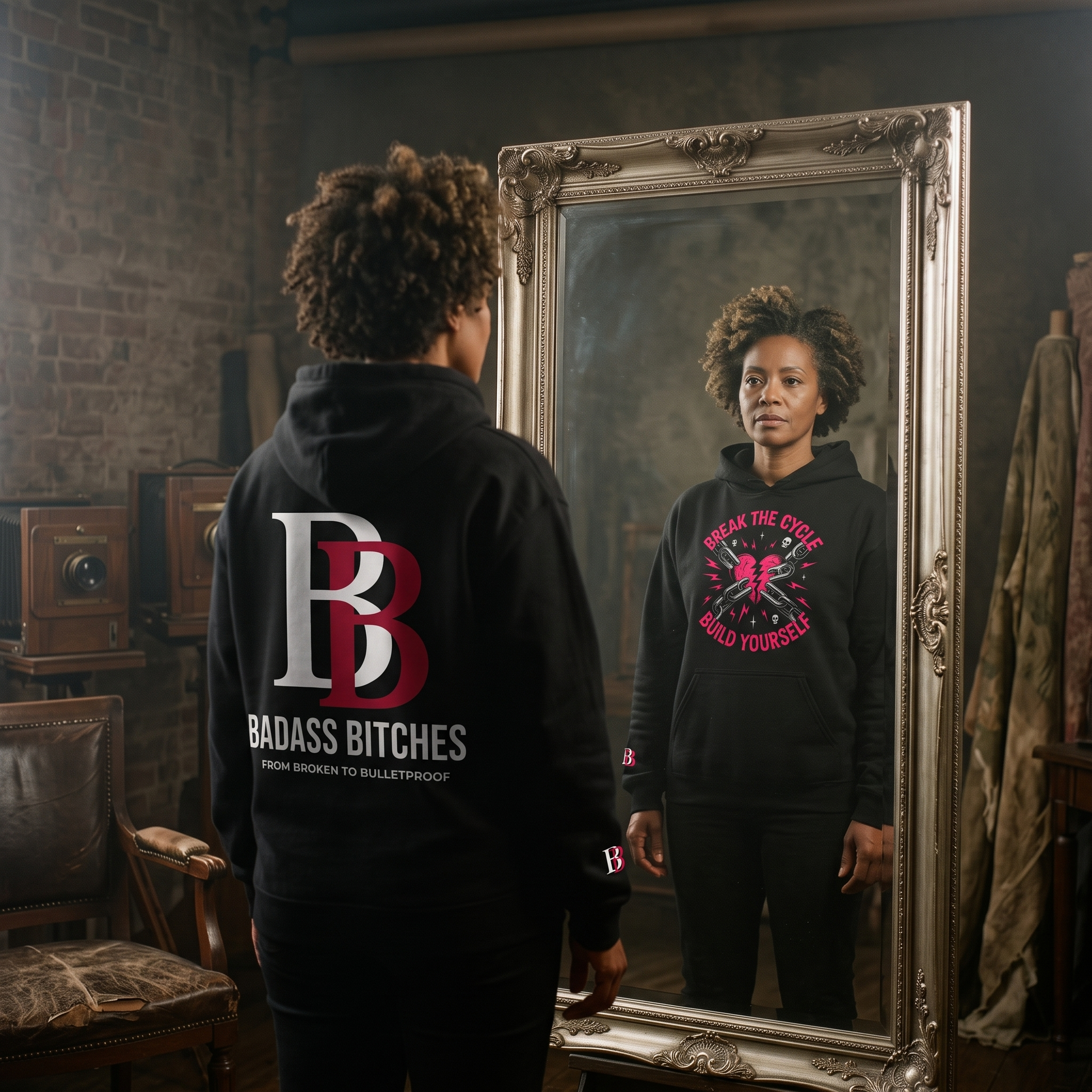 Women wearing a Break The Cycle Build Yourself hoodie with Badass Bitches logo standing in front of a mirror in a room with vintage equipment.