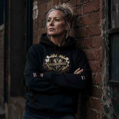 Women wearing a From Broken To Bulletproof black hoodie with a graphic, standing against a brick wall.