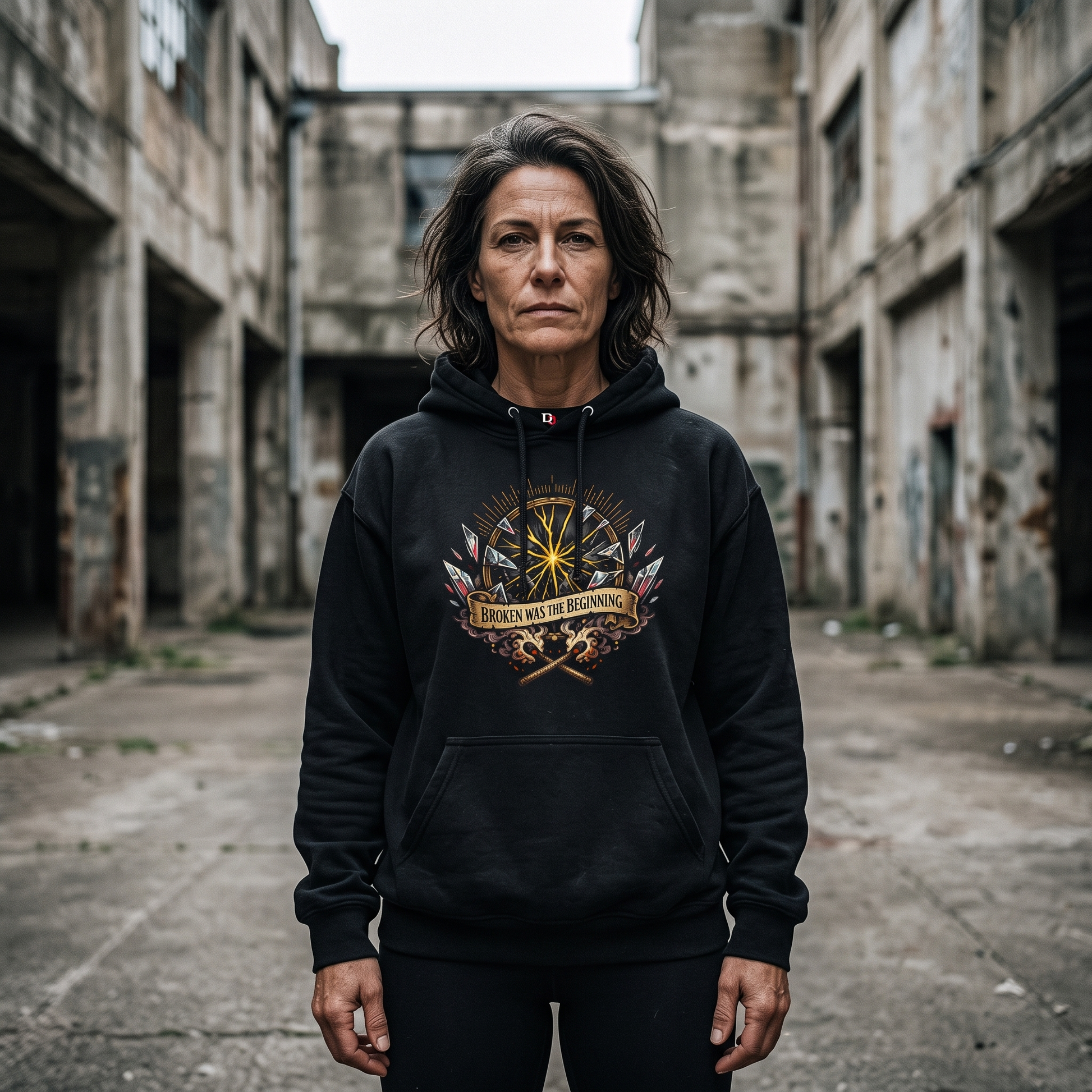 Women wearing a Broken Was The Beginning black hoodie with a graphic design in an abandoned building setting