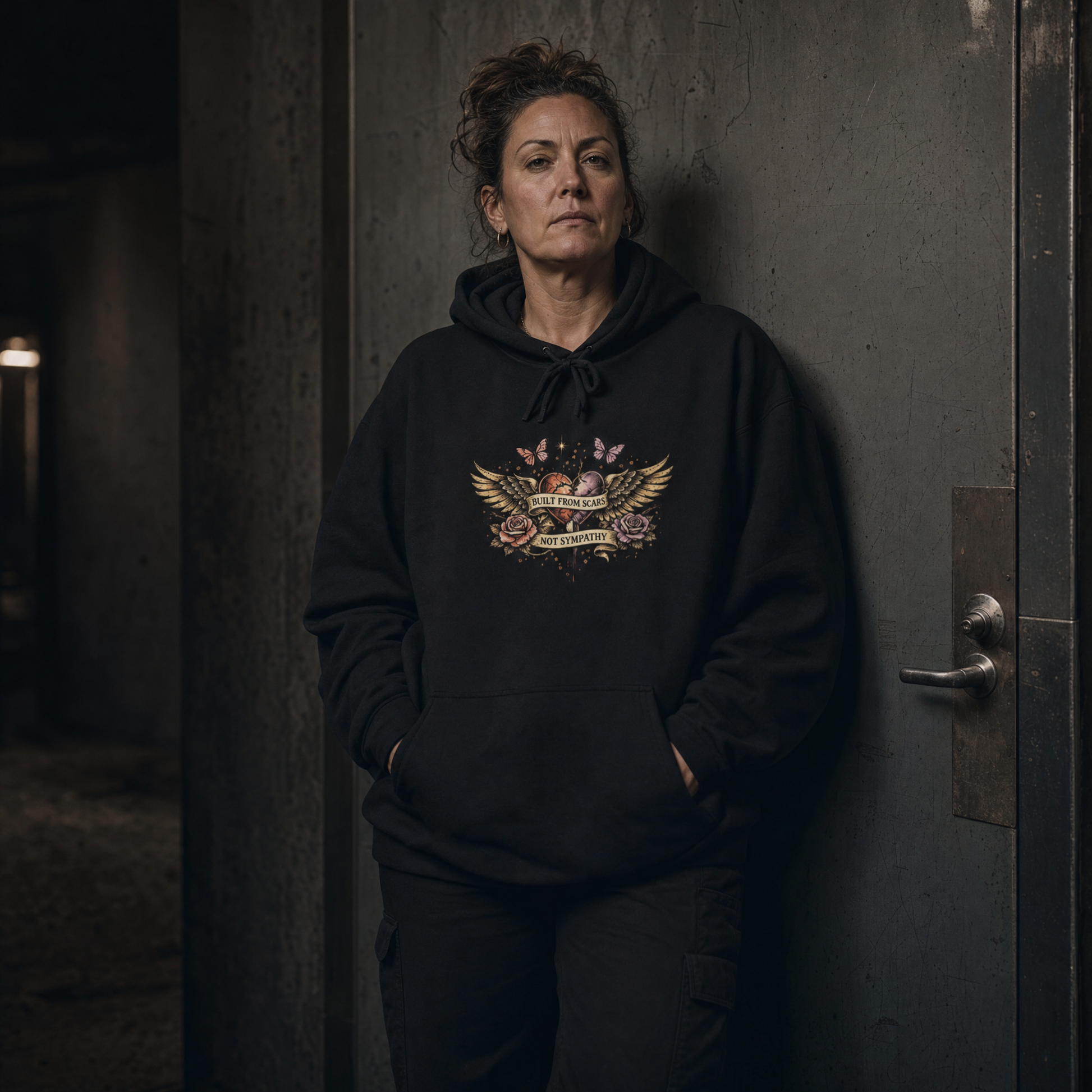 Women wearing a Built From Scars Not Sympathy black hoodie with a graphic design, standing against a dark wall.