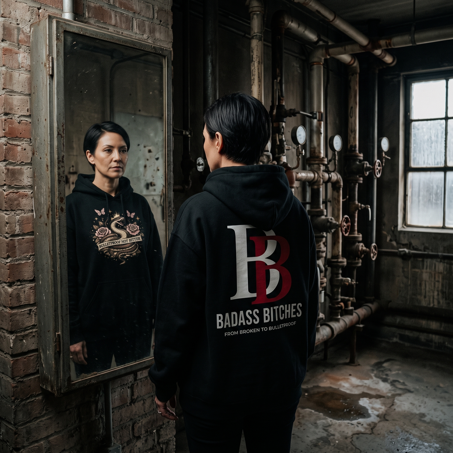 Women wearing a Bulletproof Not Bitter hoodie with 'Badass Bitches' logo in an industrial setting
