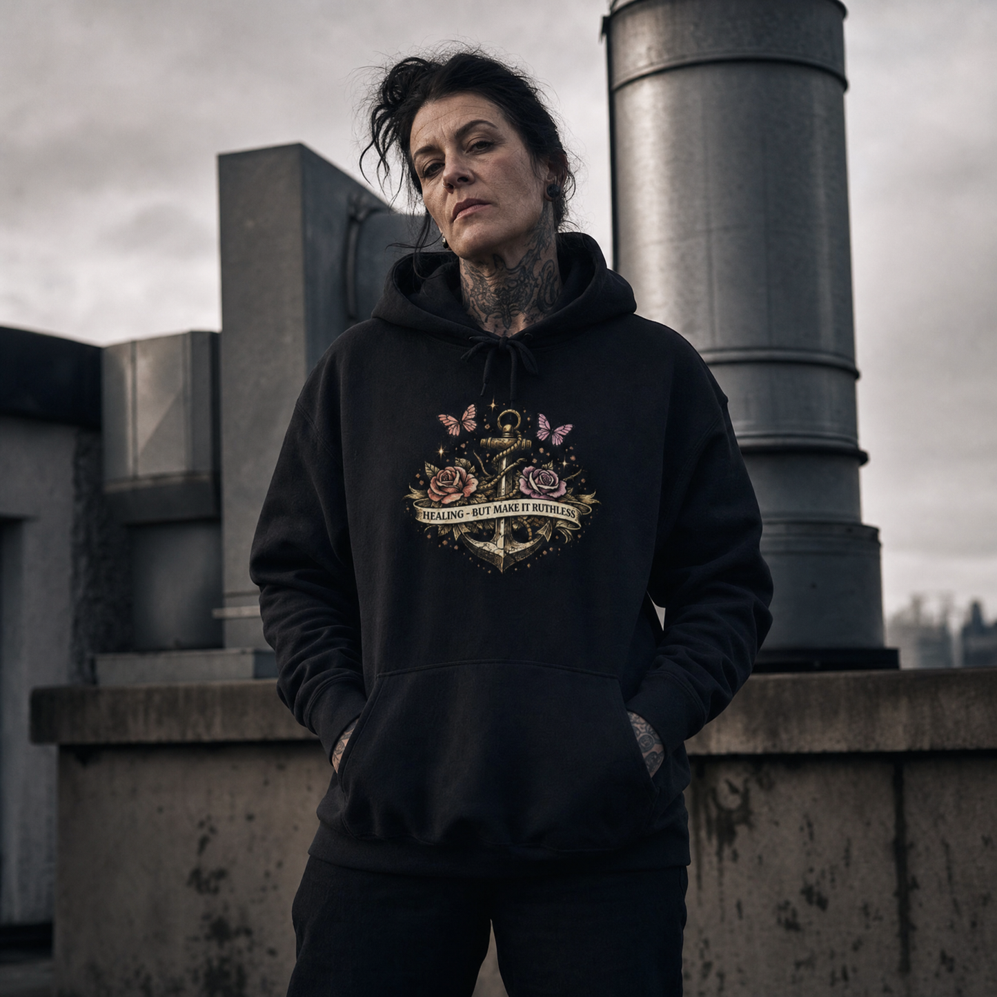 Women wearing a Healing But Make It Ruthless black hoodie with a graphic design on a rooftop