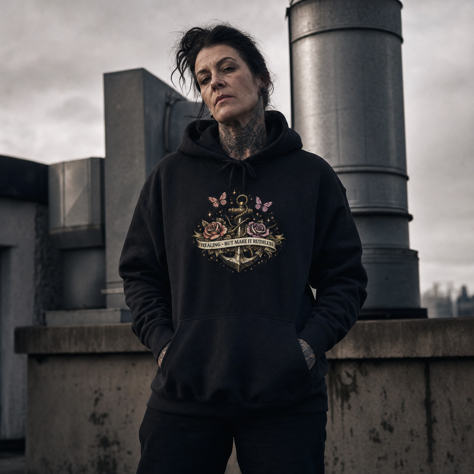 Women wearing a Healing But Make It Ruthless black hoodie with a graphic design on a rooftop