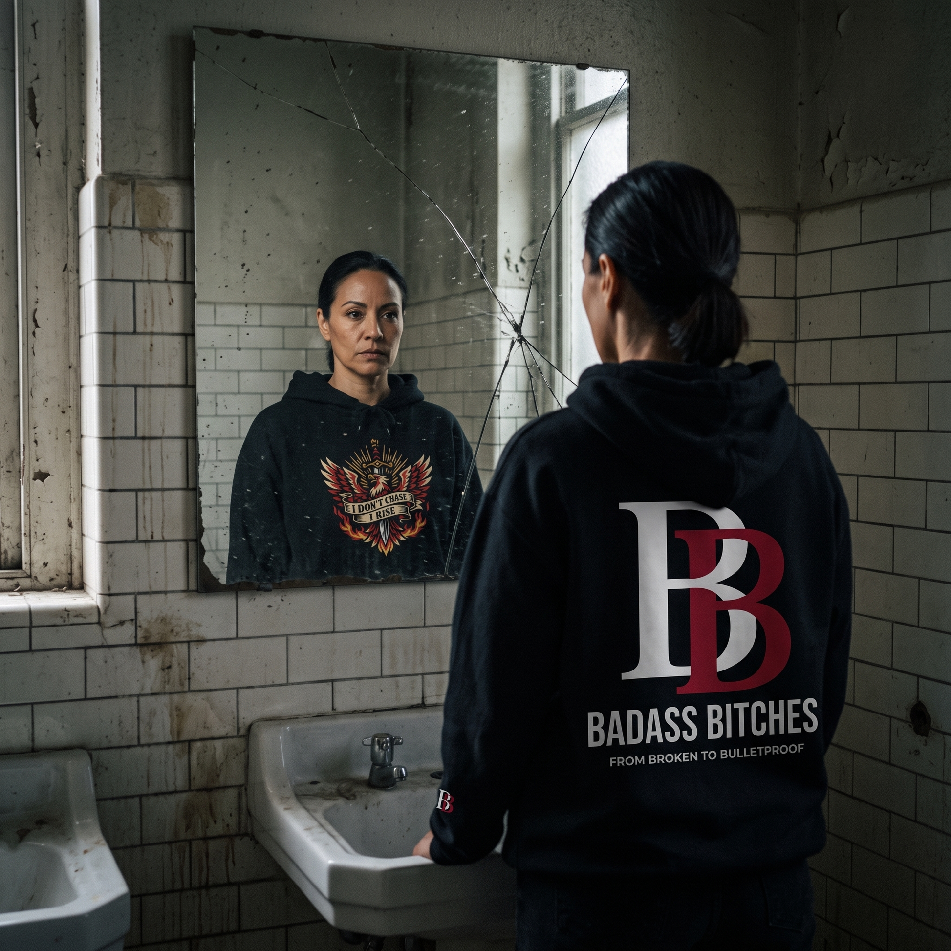 Women wearing a I Don't Chase I Rise hoodie with 'Badass Bitches' logo in a dilapidated bathroom.