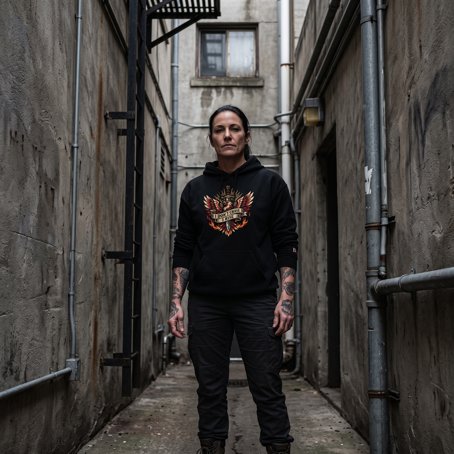 Women wearing a I Don't Chase I Rise black hoodie with a graphic design in an urban alleyway