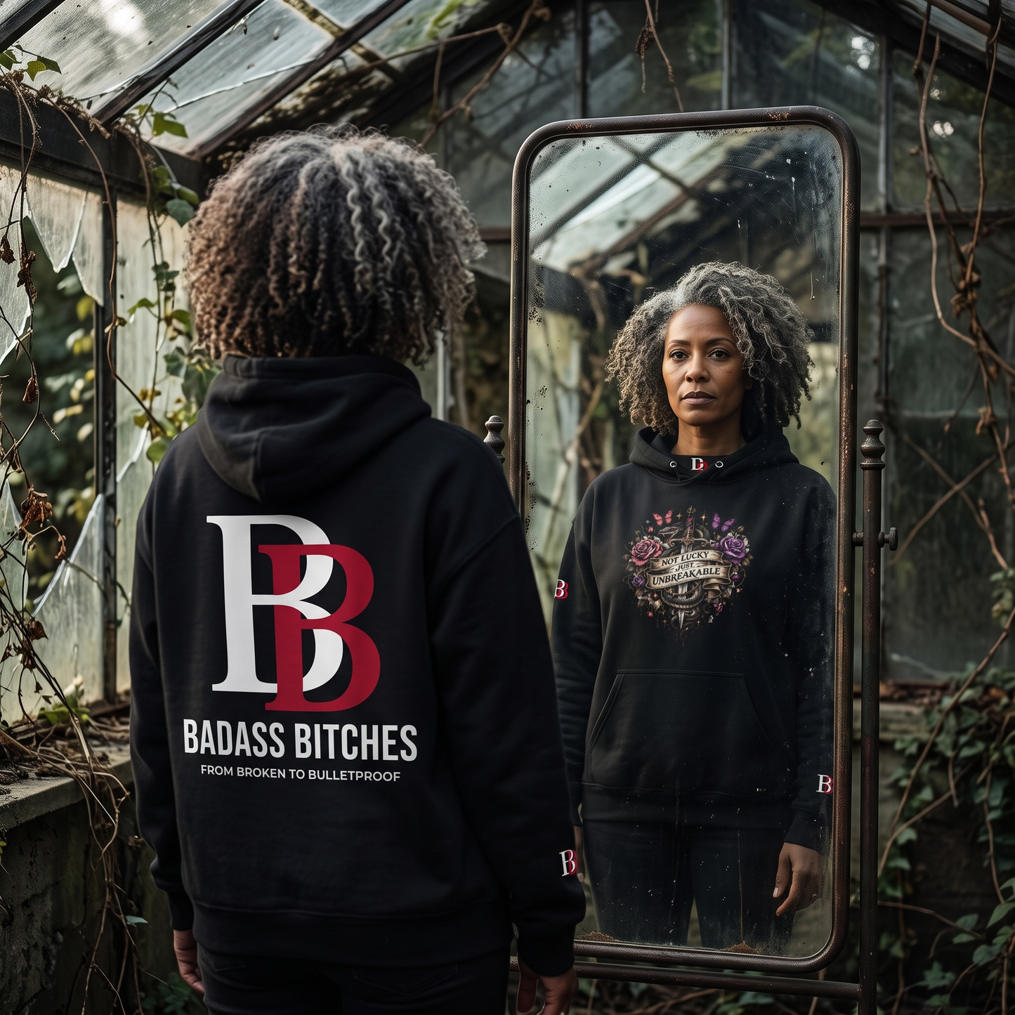 Women wearing a Not Lucky Just Unbreakable hoodie with 'Badass Bitches' logo in a greenhouse setting