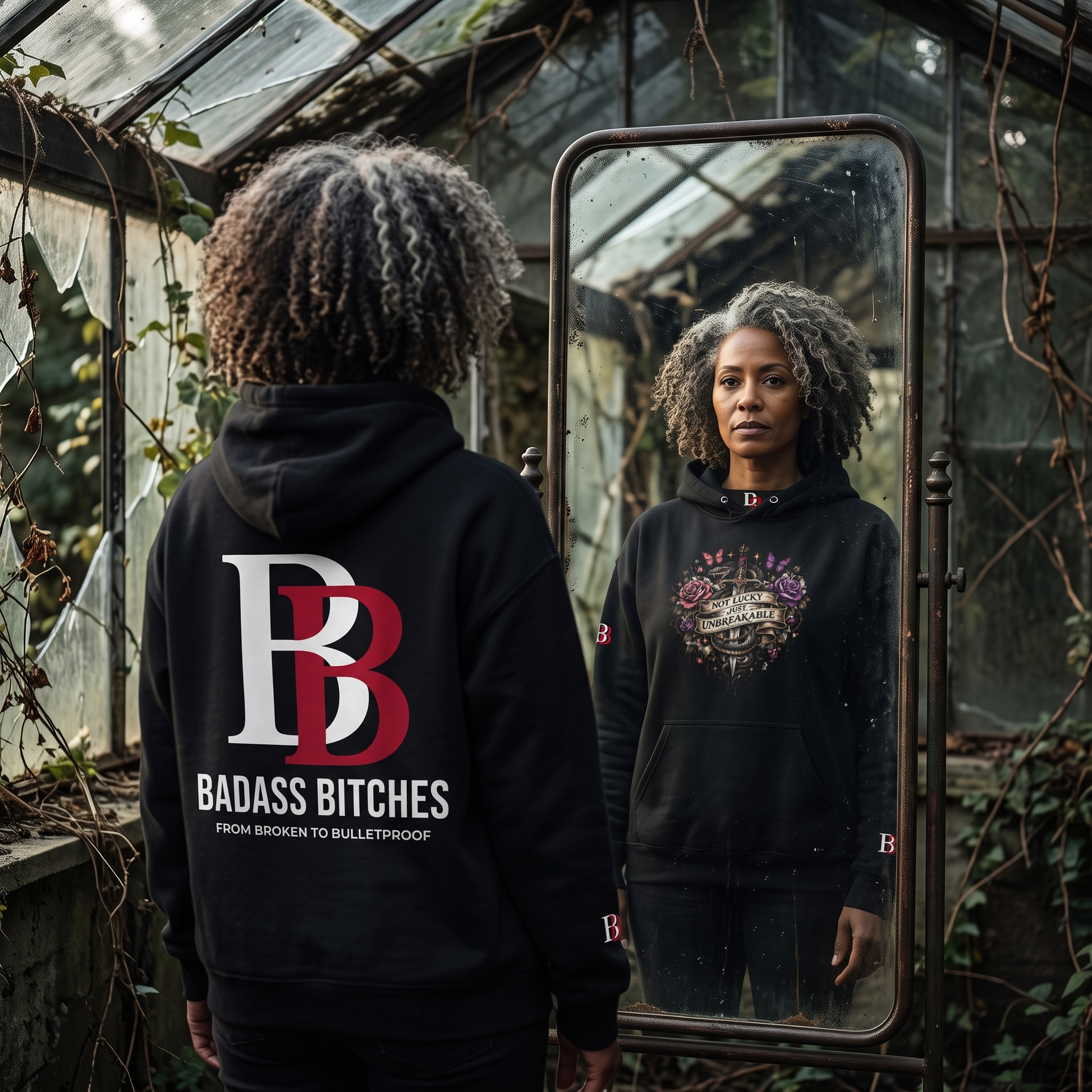 Women wearing a Not Lucky Just Unbreakable hoodie with 'Badass Bitches' logo in a greenhouse setting