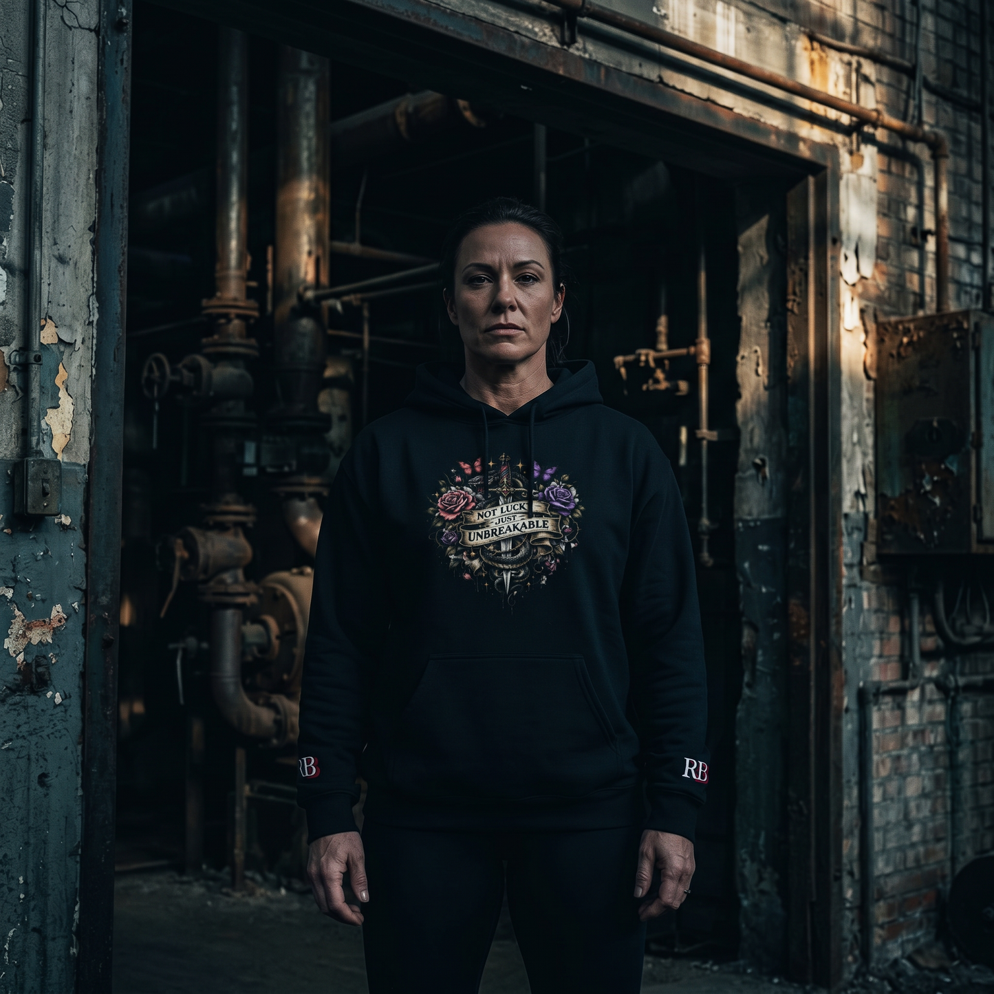 Women wearing a Not Lucky Just Unbreakable black hoodie with a logo in an industrial setting