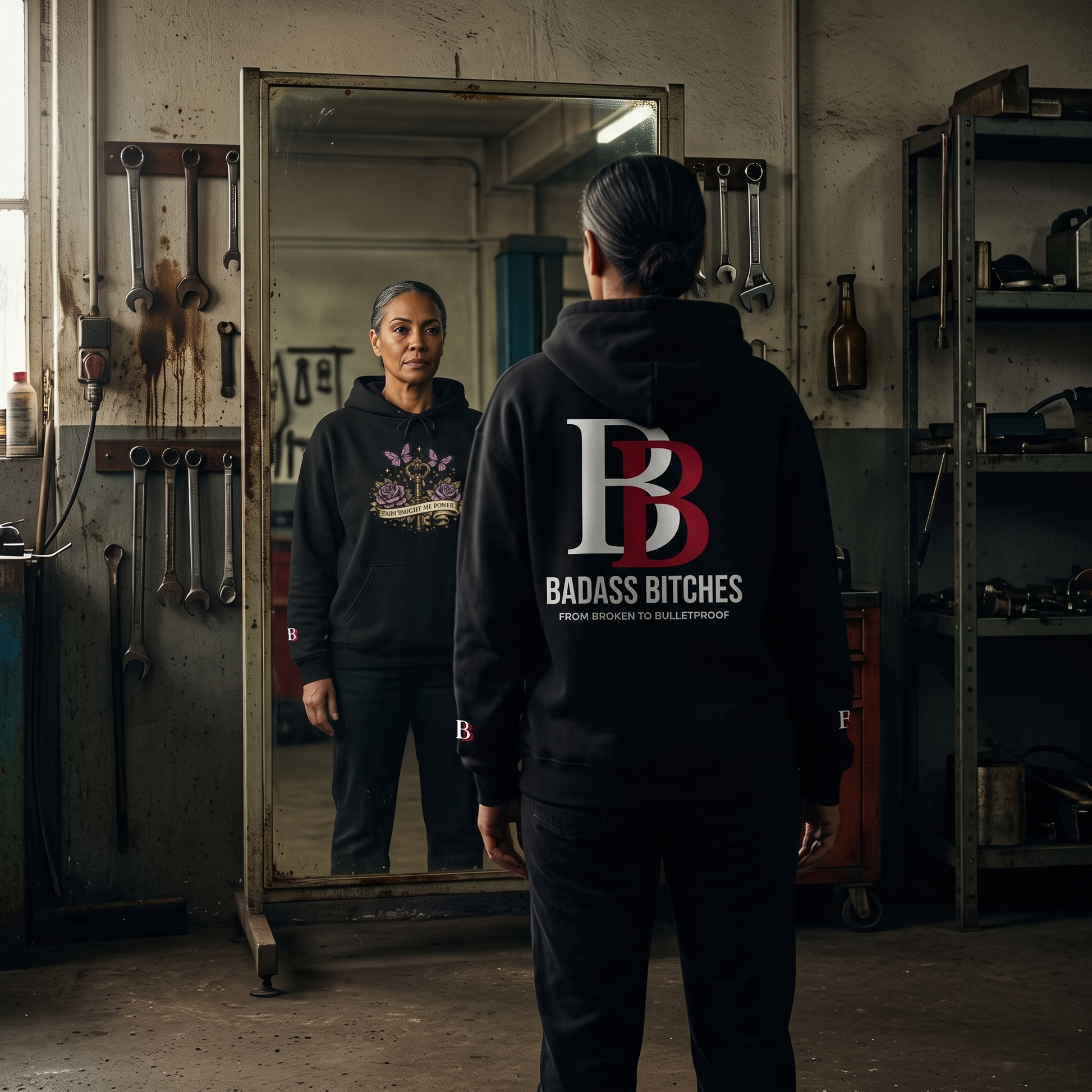Women wearing a Pain Taught Me Power hoodie with 'Badass Bitches' logo in a workshop setting