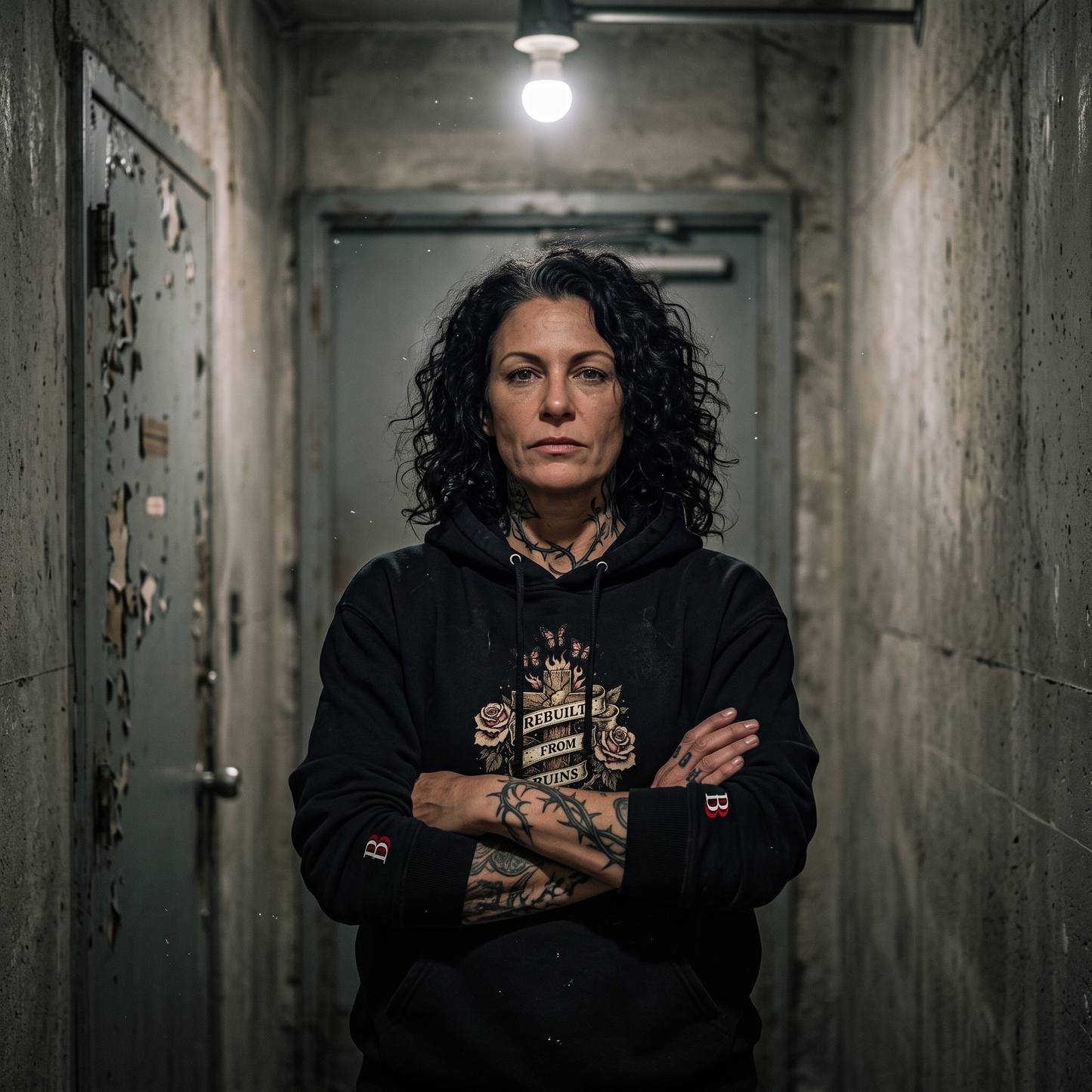 Women wearing a Rebuilt From Ruins black hoodie with visible tattoos in a dimly lit hallway