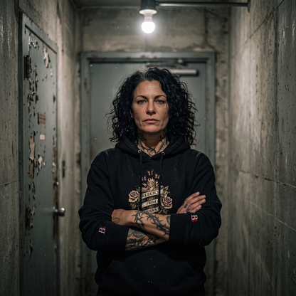 Women wearing a Rebuilt From Ruins black hoodie with visible tattoos in a dimly lit hallway