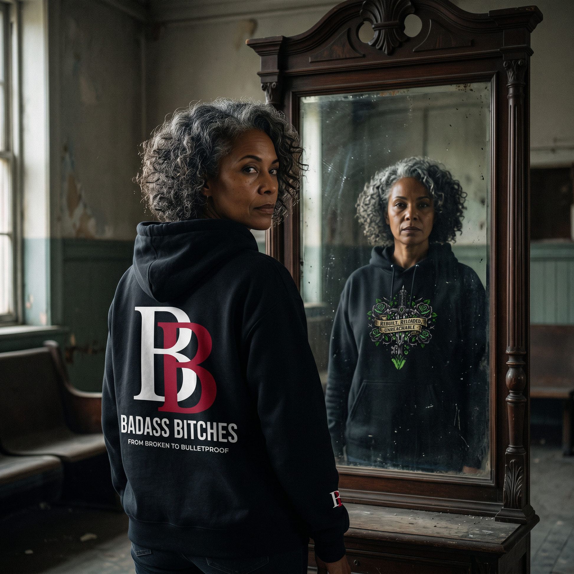 Women wearing a Rebuilt Reloaded Unreachable hoodie with Badass Bitches logo standing in front of a mirror in a room.