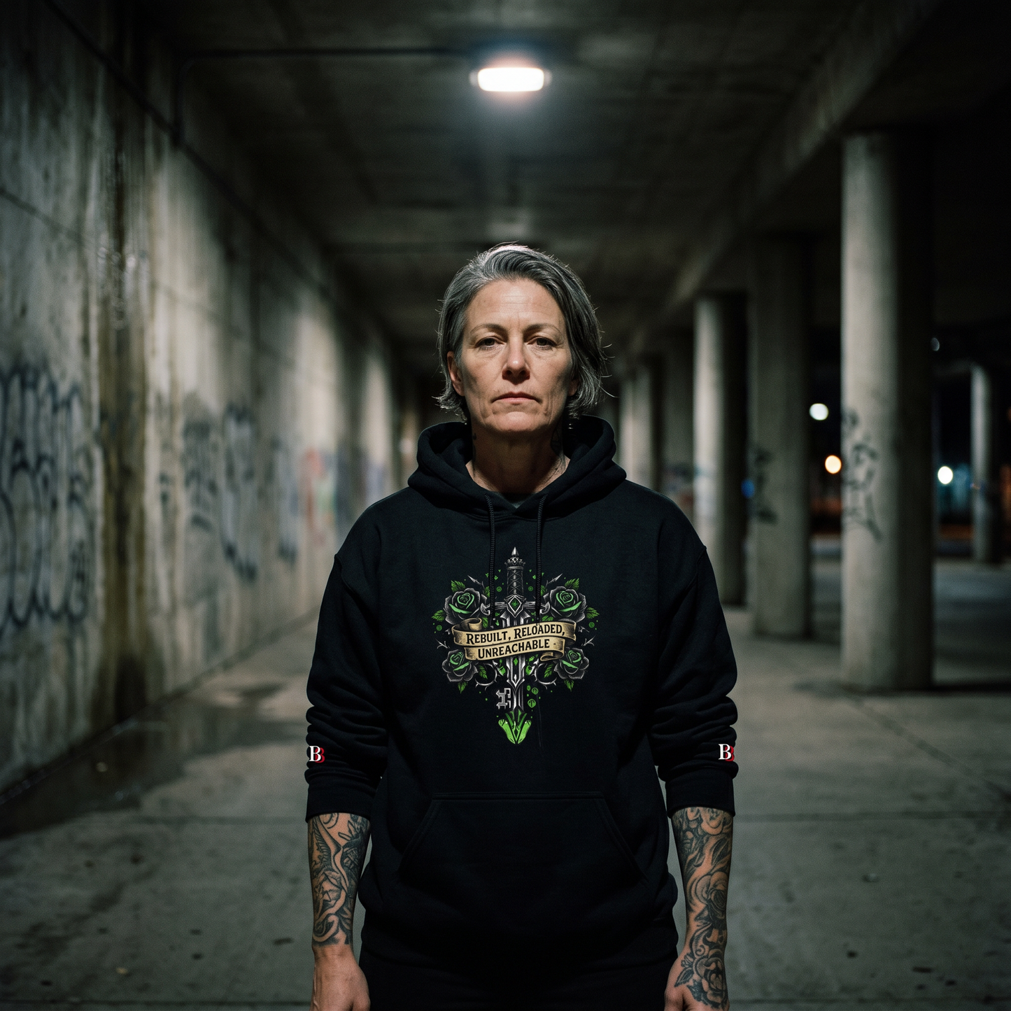 Women wearing a Rebuilt Reloaded Unreachable black hoodie with a graphic design in an urban setting with graffiti.