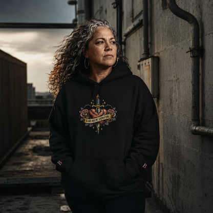 Women wearing a Scars Are My Signature black hoodie with a graphic design in an urban setting