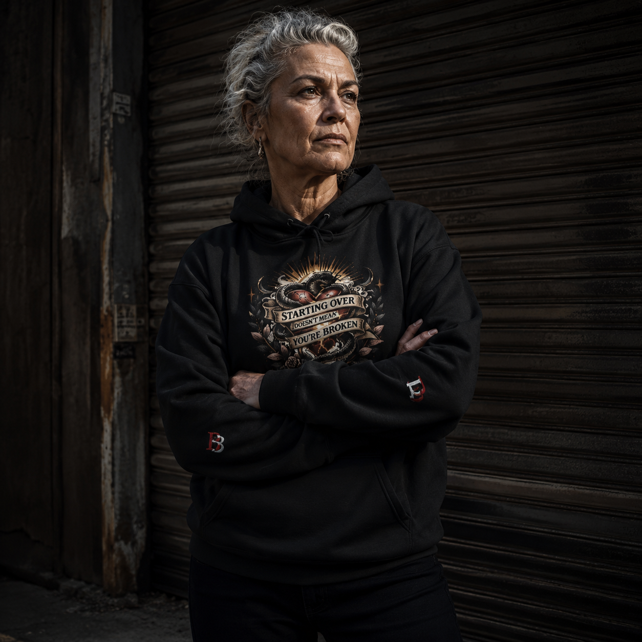 Women wearing a Starting Over Doesn't Mean You're Broken black hoodie with a graphic design, standing against a dark background.