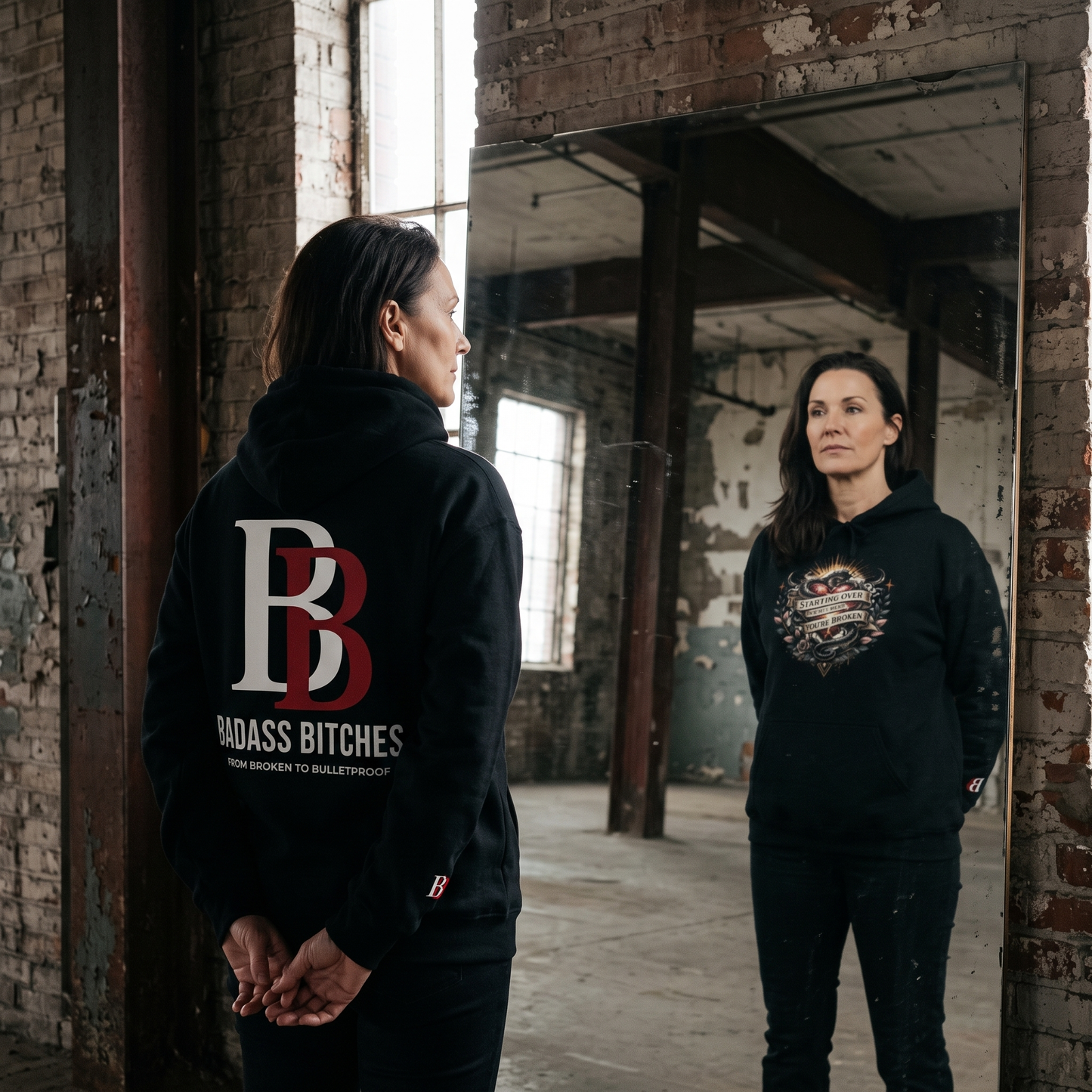 Women wearing a Starting Over Doesn't Mean You're Broken hoodie with a lBadass Bitches logo, standing in an industrial setting.