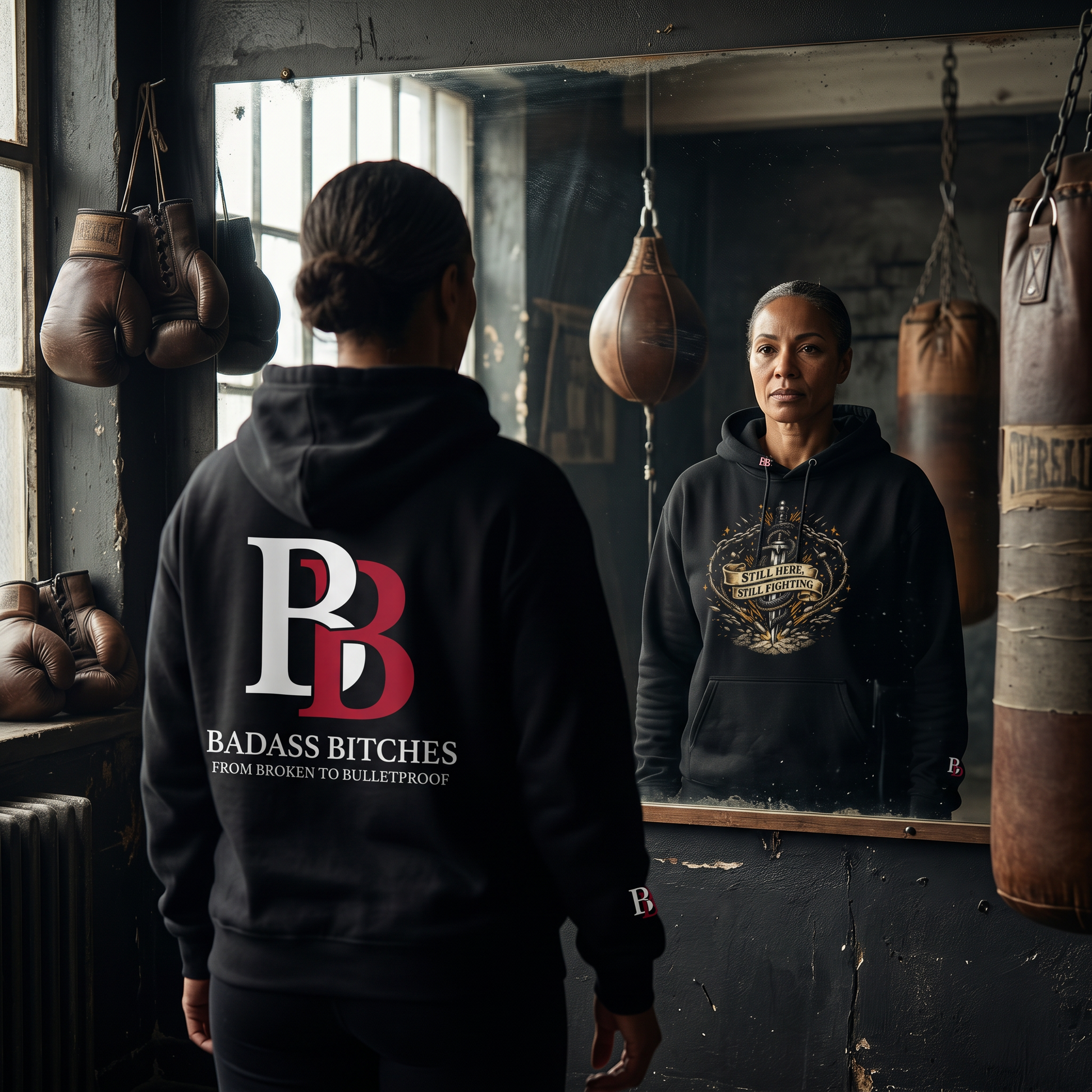 Women wearing a Still Here Still Fighting hoodie with  Badass Bitches' logo in a boxing gym.