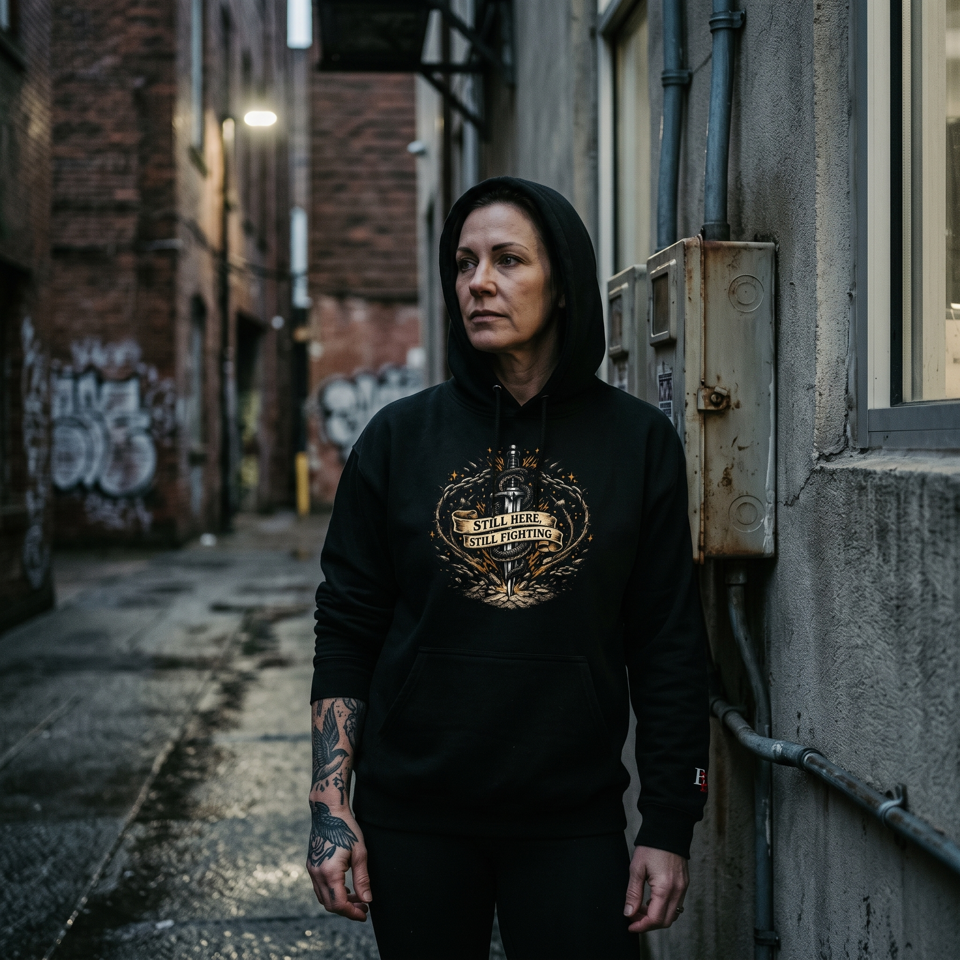 Women wearing a Still Here Still Fighting black hoodie with a graphic design in an alleyway.