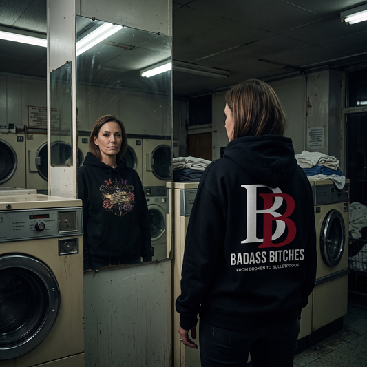 Person wearing a Strength Is Surviving The Days No One Sees hoodie with 'Badass Bitches' text in a laundromat.