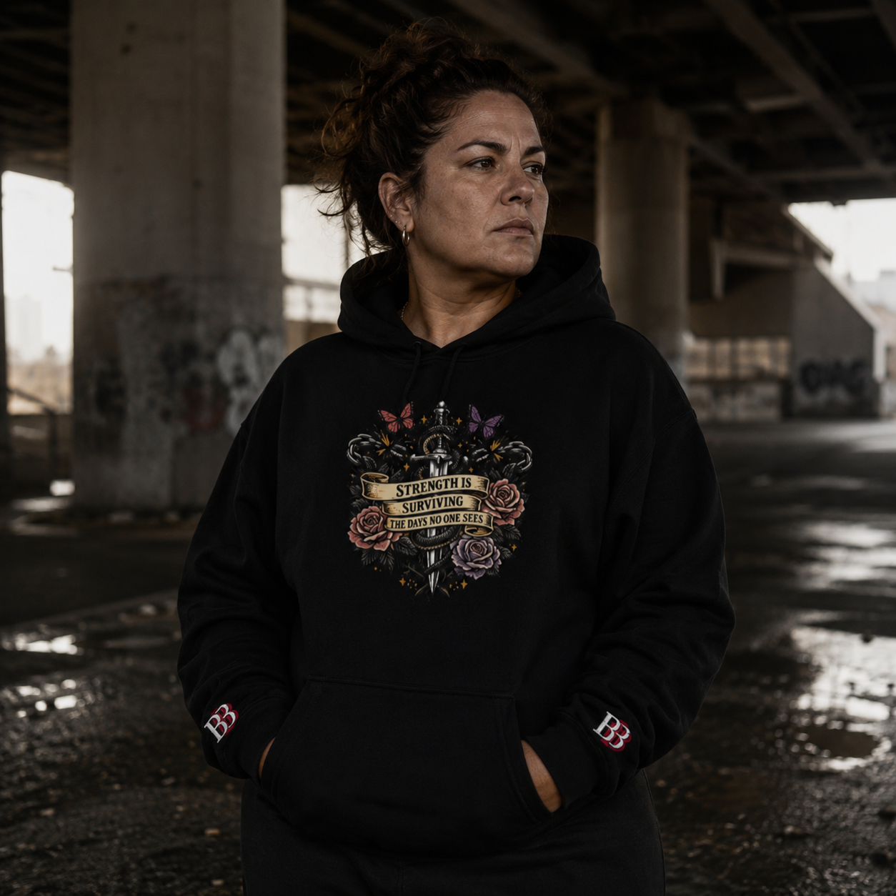 Women wearing a Strength Is Surviving The Days No One Sees black hoodie with a graphic design in an urban setting