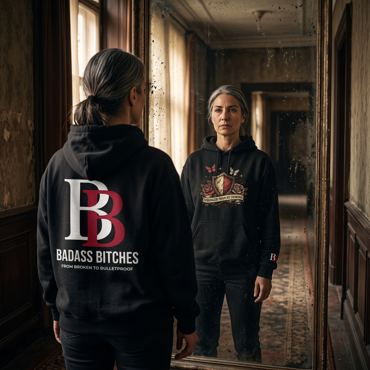 Woman wearing a Stronger Than My Demons hoodie with 'Badass Bitches' text in a dimly lit hallway.