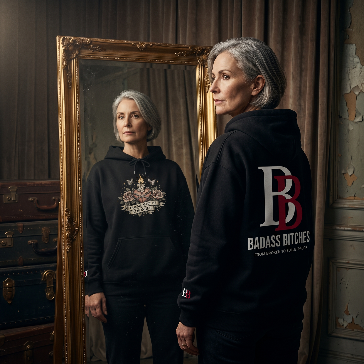Woman wearing a hoodie with "Trauma Made Me Stronger" graphic and 'Badass Bitches' logo standing in front of a mirror.