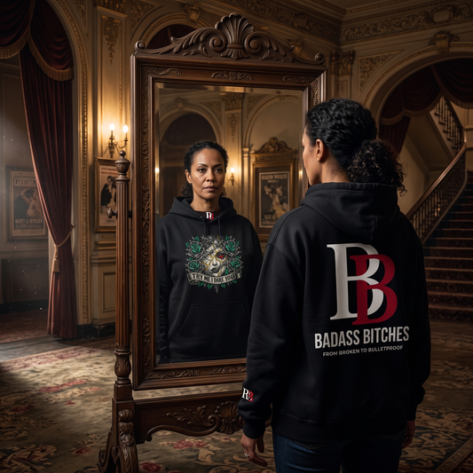 Women wearing a Try Me I Dare You hoodie with a graphic design and Badass Bitches logo in an ornate room.