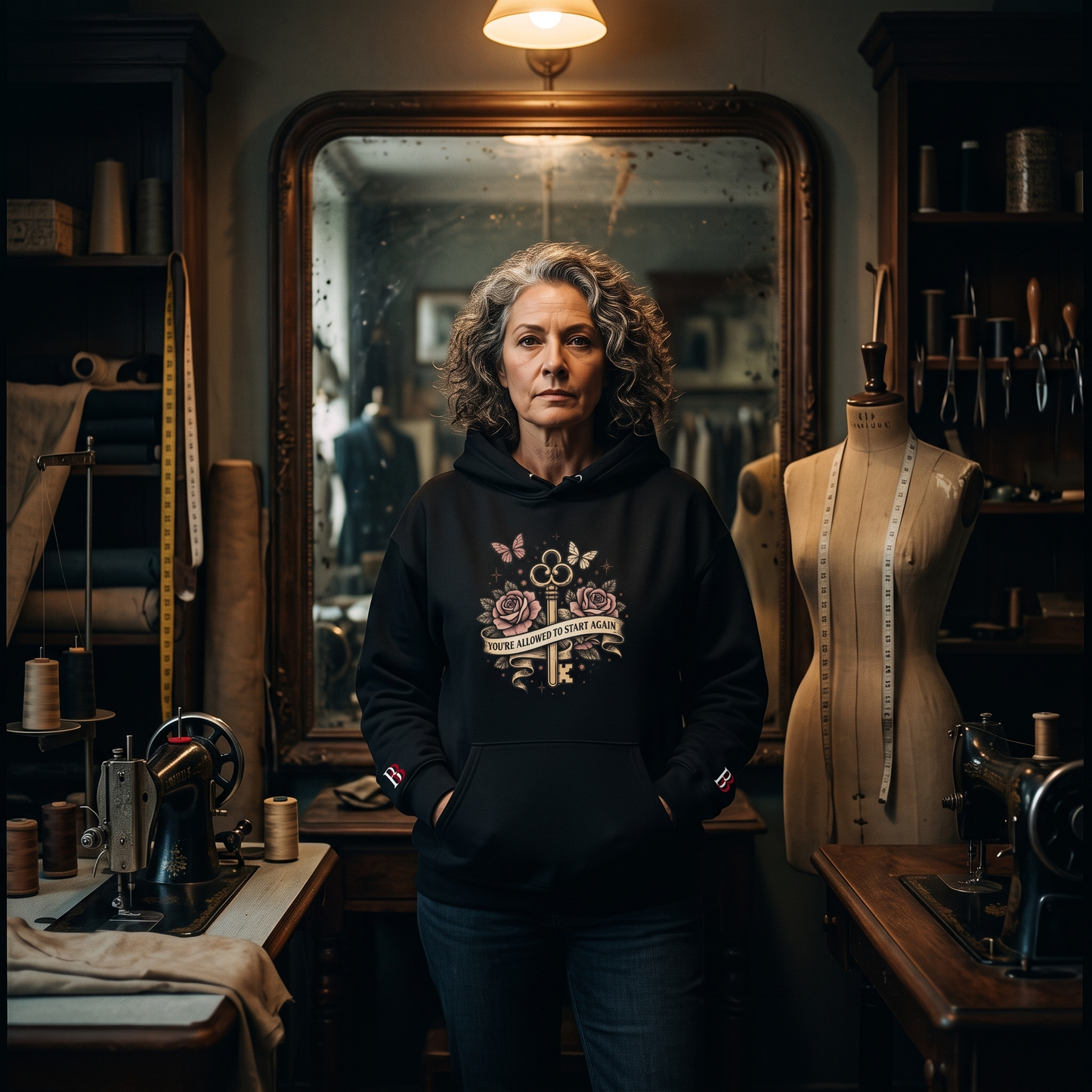 Women wearing a You're Allowed To Start Again black hoodie with a floral design in a sewing room.