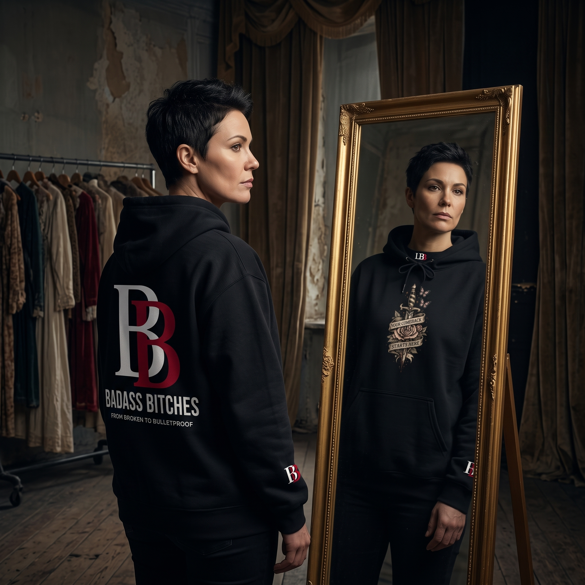 Person wearing a black hoodie with "Your Comeback Starts Here" graphic and Badass Bitches branding, standing in front of a mirror in a room with clothing racks.