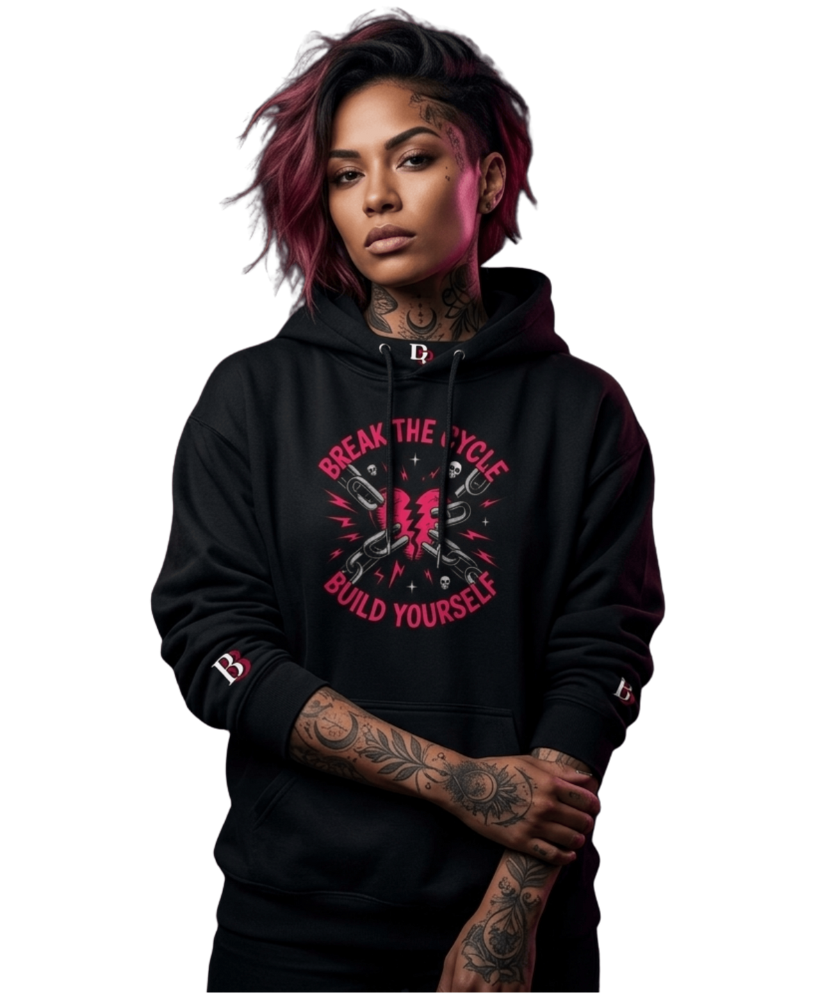 Woman wearing a Badass Bitches empowerment hoodie — From Broken to Bulletproof survivor streetwear