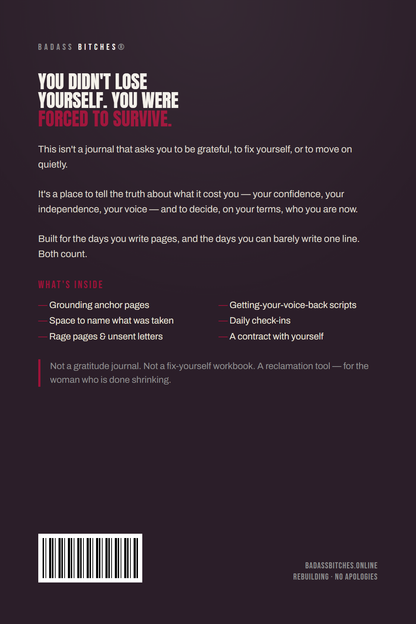 The Rebuilding Journal back cover — not a gratitude journal, a reclamation tool. What's inside, from Badass Bitches®